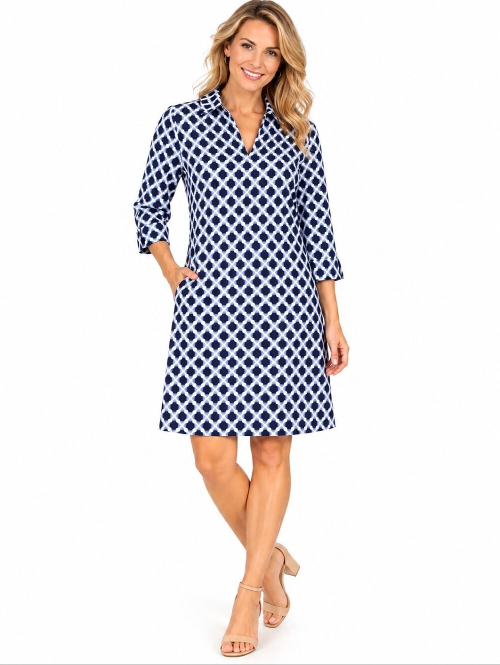 Talbots Blue Polo Stretchy Dress Geometric Preppy Old Money Size XS Petite White